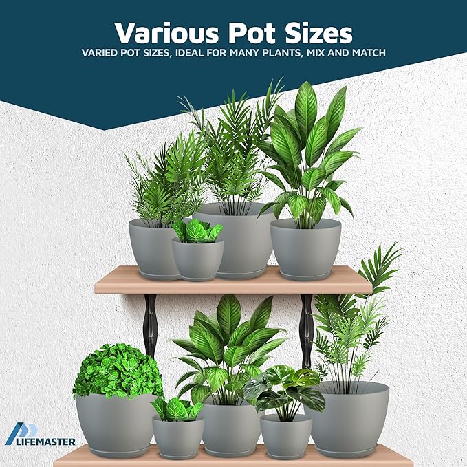 Gray Plant Pots with Drainage Holes & Saucers 15 Pack, Indoor & Outdoor Stackable Space-Saving Planters for Houseplants & Flowers, (7", 6.7", 6", 5.3", and 4.8" Inches), Durable & Weatherproof