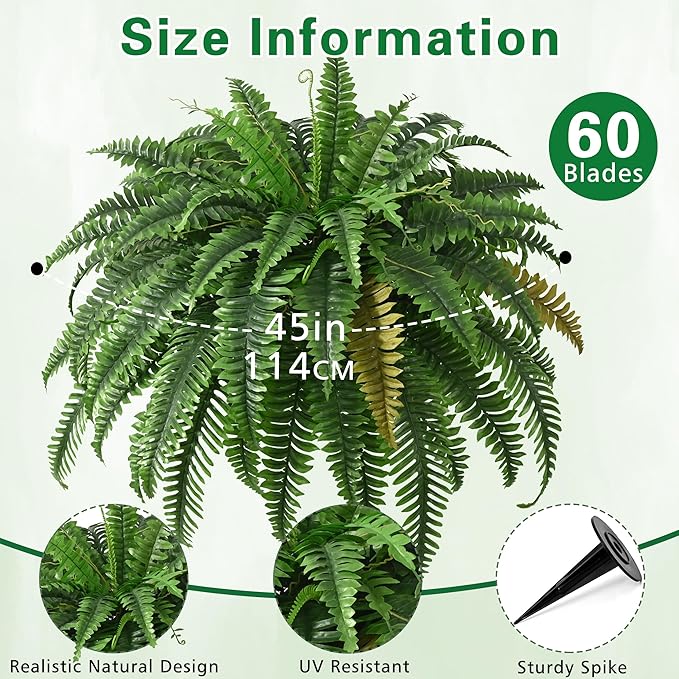 4PCS 45in Fake Ferns- Outdoor Faux Plants, Large UV Resistant Artificial Ferns for Outdoors, Weatherproof Faux Boston Fern Realistic Fake Artificial Plant for Porch Home Garden Patio Hanging Decor