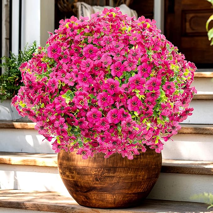 AXYLEX Artificial Flowers for Outdoors Fake Plants - 16 Bundles Faux Outside Greenery Boxwood No Fade Plastic Shrubs Fall Decor Farmhouse Home Garden Thanksgiving Mums (Red)