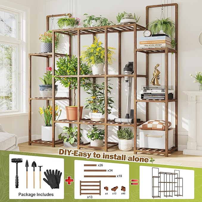 EnHomee Plant Stand Indoor Tall Plant Stand Outdoor Large Wood Plants Shelf with 16-20 Pots for Patio, Living Room, Garden, Balcony, 56.1" Wx47 Hx11.78 D