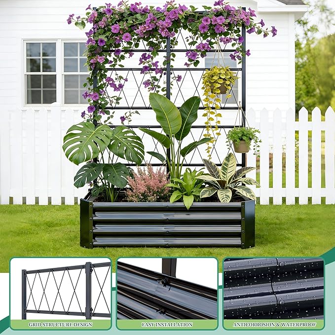 Galvanized Raised Garden Bed with Trellis for Climbing Plants Outdoor,Metal Vertical Garden Planter Box for Patio,Heavy Duty Elevated Garden Bed for Vegetables Tomatoes Cucumbers Flowers Herbs,Black