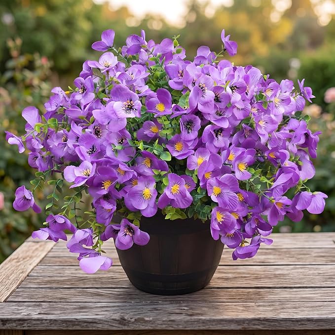 Artificial Flowers for Outdoor, UV Resistant Fake Silk Pansies Flowers, Realistic Faux Plants for Outside Indoor Porch Patio Window Box Planter Home Decor (16, Purple)