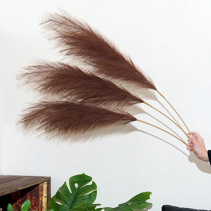 Premium Faux Brown Pampas Grass – 43.3" Tall Fluffy Decor, 8pcs 18-Branch One-Piece Stems No Assembly, Luxury Silk-Feel Feather Flowers for Boho Rustic Modern Home Decor (Cocoa Brown, 8 Stems / 110cm)
