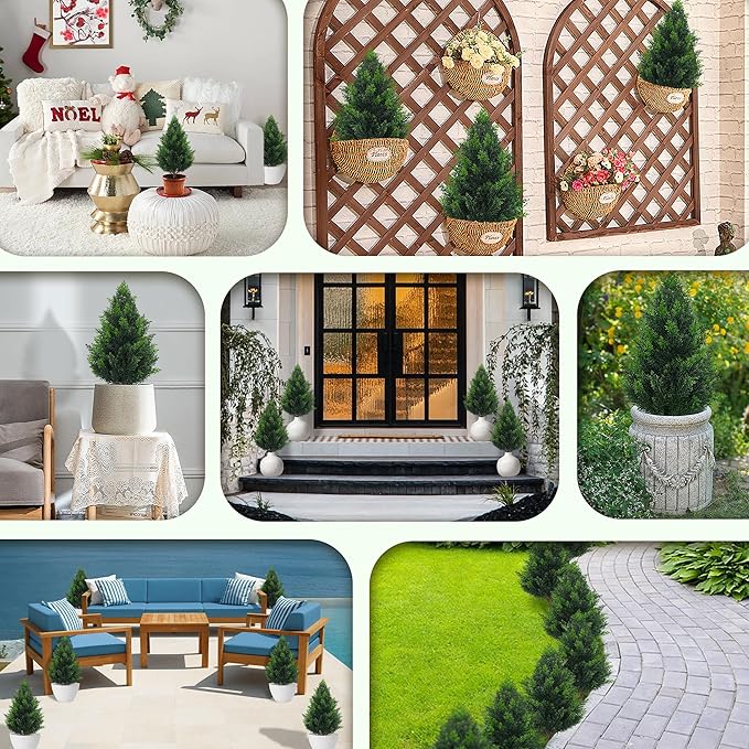 Artificial Cedar Topiary Plants: 20 Inch (6P) UV Resistant Faux Pine Stems Shrubs Plastic Greenery for Outdoor Indoor Home Decor, Garden, Front Porch, Office, Restaurant & Holiday Party