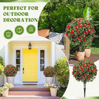 Lunmon 2 Pack 24" Artificial Topiary Ball Plants Trees with Flowers, Outdoor Fake Topiary Plants with Ground Spike, UV Resistant Faux Bushes for Indoor Outdoor Front Door Decor(Red,Rose)