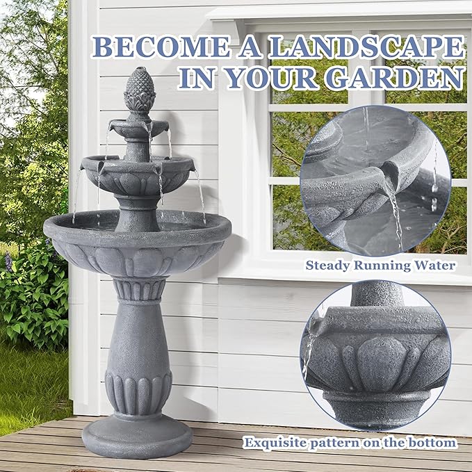 Grepatio Italian Outdoor Water Fountain, 3 Tiers Bubbler Garden Waterfalls Fountains, 40.6" H Tall Roman Pillar Floor Water Fountain for Indoor, Yard, Lawn and Garden Décor