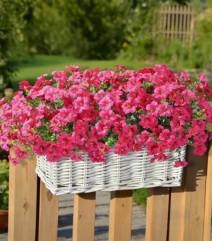 Artificial Flowers for Outdoors Fake Plants Outside Decoration, 20 Bundles Fuchsia Silk Petunia with Eucalyptus UV Resistant Realistic Faux Flowers for Outdoor Planters Garden Balcony Yard Porch Patio