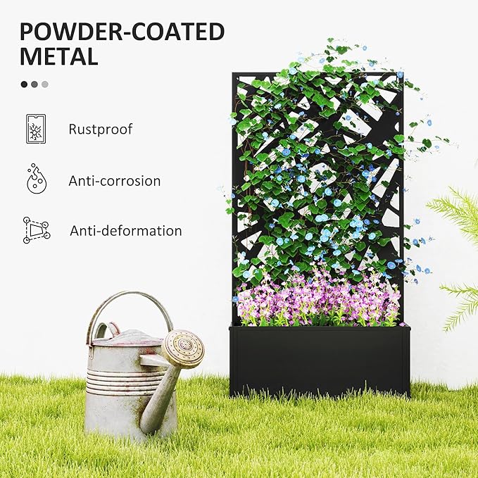 Outsunny Metal Raised Garden Bed with Trellis for Climbing Plants, Freestanding or Wall Mounted Flower Bed with Privacy Panel, Irregular Line Cut-Outs Outdoor Planter Box for Garden, Patio, Balcony