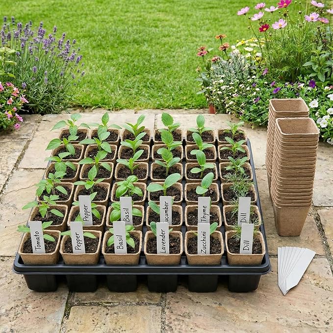 NEWMIAO 60 Pack 3.15 Inch Square Peat Pots, Biodegradable Seed Starter Pots for Seedlings with Single Drainage Hole, Square Nursery Pots Germination Kit Including 100 Plant Labels