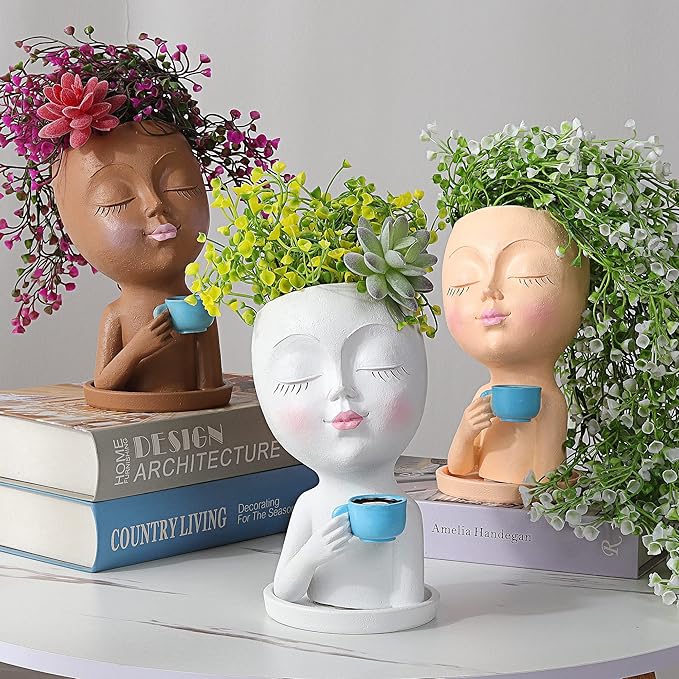 Face Planter Pot - Lady Face Flower Pot for Indoor & Outdoor Plants - Resin Succulent Planter with Drainage Hole, White
