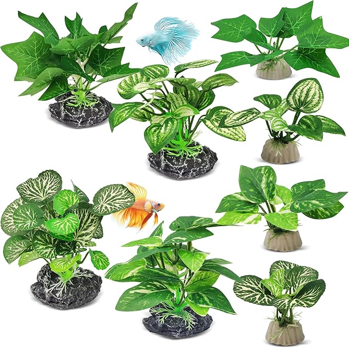 GOZILLA Silk Fish Tank Plants,Reptile Artificial Plant,Reptile Plants for Terrarium,Aquarium Decorations Accessories Set,Resin Driftwood Artificial Silk Aquarium Plant for Fish Tank.(8PCS/A-Set)