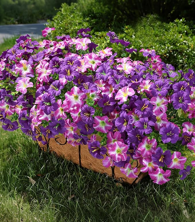 Artificial Flowers for Outdoors Fake Plants Outside Decoration, 20 Bundles Silk Petunia with Eucalyptus UV Resistant Realistic Faux Flowers for Outdoor Planters Garden Balcony Yard Porch Patio, Mix