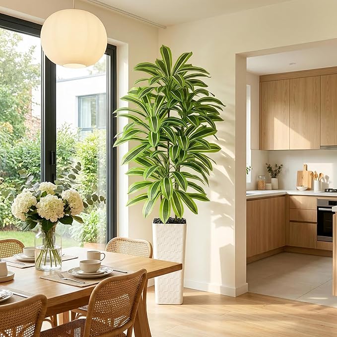 Artificial Dracaena Tree：7FT Faux Silk Tropical Yucca Floor Trees Realistic Fake Green Plant with Natural Wood Trunk & Lifelike Leaves for Home Office Decor Indoor & Outdoor (7FT,1-Pack,White)