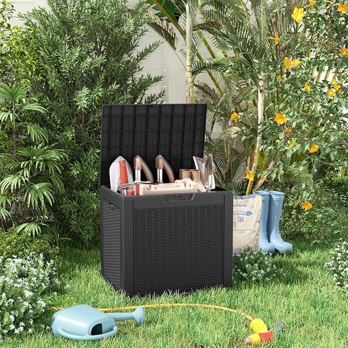 PatioZen 30 Gallon Resin Deck Box, Lockable Patio Outdoor Storage Box for Furniture, Garden Tools and Tools Storage, Waterproof Outside Storage Boxes - Black