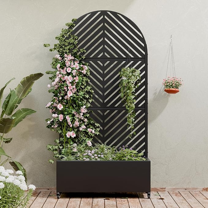 Casaphoria Metal Raised Garden Bed with Trellis and Wheels, 72"x35"x16" Arched Planter Box for Climbing Plants, Vegetables & Vines, Features Drainage Holes and Privacy Screen (Black-Parallel)