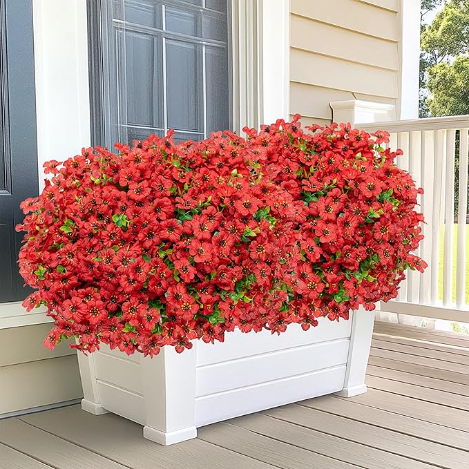 AXYLEX Artificial Flowers for Outdoors Fake Plants - 16 Bundles Faux Outside Greenery Boxwood No Fade Plastic Shrubs Fall Decor Farmhouse Home Garden Thanksgiving Mums (PureRed)