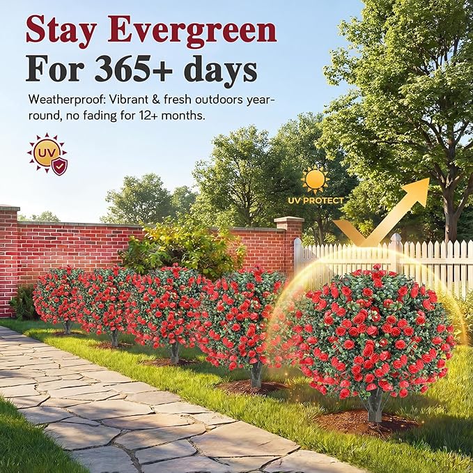 PATIO CHOICE Topiary Trees Artificial Outdoor Boxwood Ball Trees with Rose Set of 2 22" Fake Outdoor Plants Faux Bushes and Shrubs Decorations for Outdoor Indoor Front Porch Garden