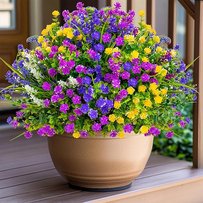 Artificial Flowers Outdoor Fake Plants - 12 Bundles UV Resistant Shrubs No Fade Faux Plastic Greenery Home Garden Porch Patio Decoration Indoor (1, Multi-12pcs)