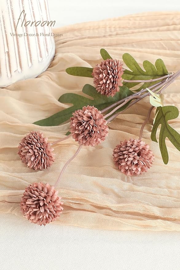 Floroom 5pcs Dusty Rose Faux Silk Mums Artificial Flowers, Bulk Fake Small Mini Chrysanthemums with Stems for DIY Wedding Centerpieces Floral Arrangements Vase Fillers Home Decorations