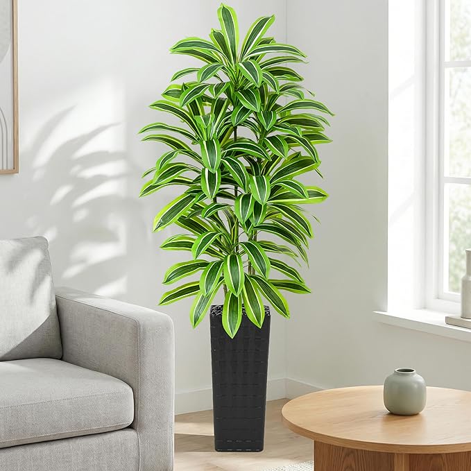 Artificial Dracaena Tree：7FT Faux Silk Tropical Yucca Floor Trees Realistic Fake Green Plant with Natural Wood Trunk & Lifelike Leaves for Home Office Decor Indoor & Outdoor (7FT,1-Pack,Black)