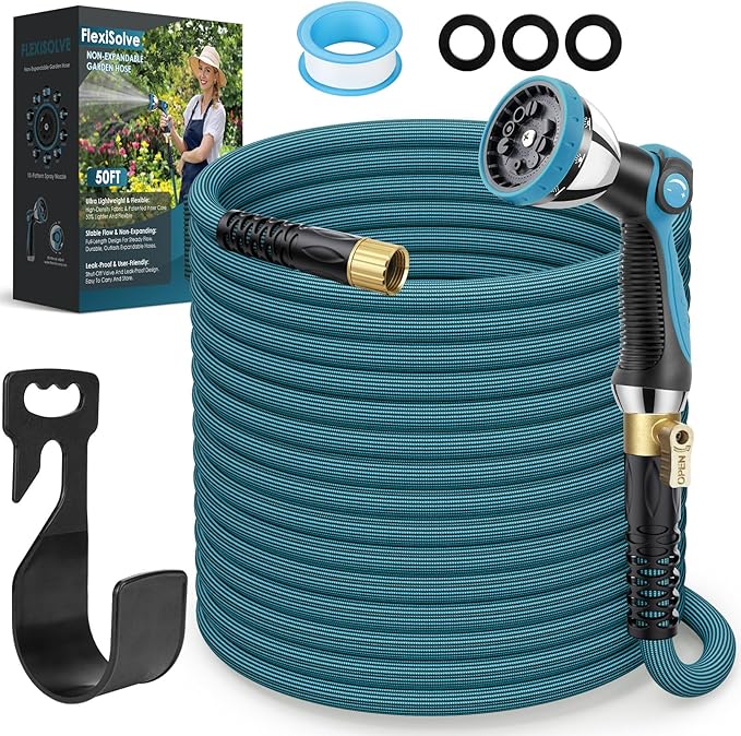 NON-EXPANDABLE Garden Hose 50 ft, Ultra Lightweight Flexible Water Hose with 10-Pattern Nozzle & Shut-Off Valve, Holder, Leakproof & Kink-Resistant Reinforced Fittings for Yard Outdoor