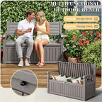 80 Gallon Outdoor Storage Bench Waterproof, Storage Outdoor Porch Bench Doubles as 2-Person Bench Seat, Resin Stripes Deck Box for Cushions, Garden Tools and Pool Supplies Grey