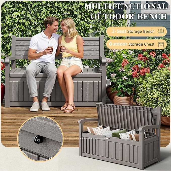 80 Gallon Outdoor Storage Bench Waterproof, Storage Outdoor Porch Bench Doubles as 2-Person Bench Seat, Resin Stripes Deck Box for Cushions, Garden Tools and Pool Supplies Grey
