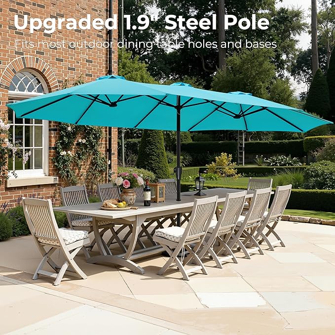 SUPERJARE 15FT Outdoor Umbrella for Patio, Double sided Pool Umbrellas with Fade Resistant Canopy, Large Table Umbrella for Deck, Market, Backyard - Light Blue(No Base)