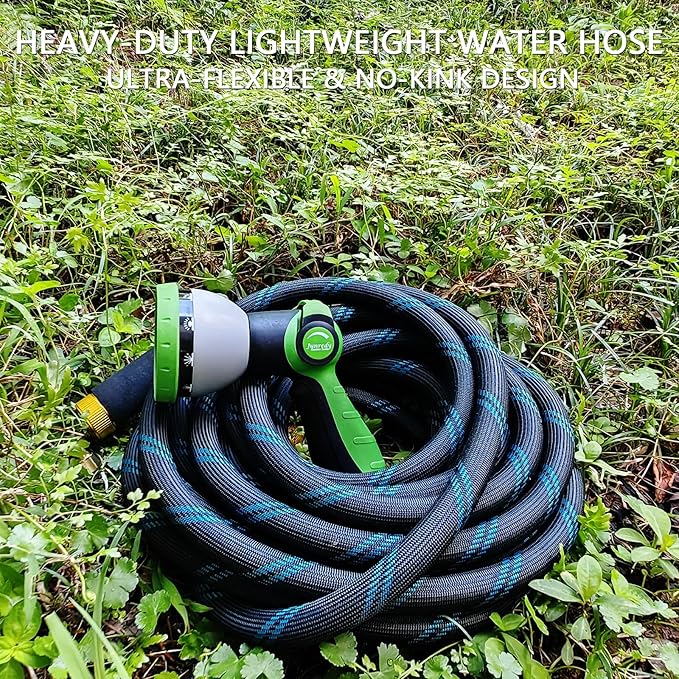 Garden Hose 50 FT, NON-EXPANDABLE Heavy-Duty Flexible & Lightweight Water Hose with 10-Function Nozzle, No-Kink, Leak-Proof Super Fabric, Solid Fittings for Lawn, Car, Outdoor (Black Blue)