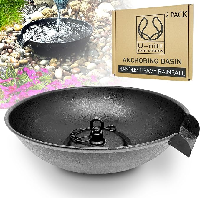 U-nitt 2PK 12" Spill Bowl Downspout Catch Basin for Rain Chain Anchoring Stake | Rainwater Collection for Roof |Gutter Catch Basin | Good for Water Fountain & Birdbath | Black | Handles Heavy Rain