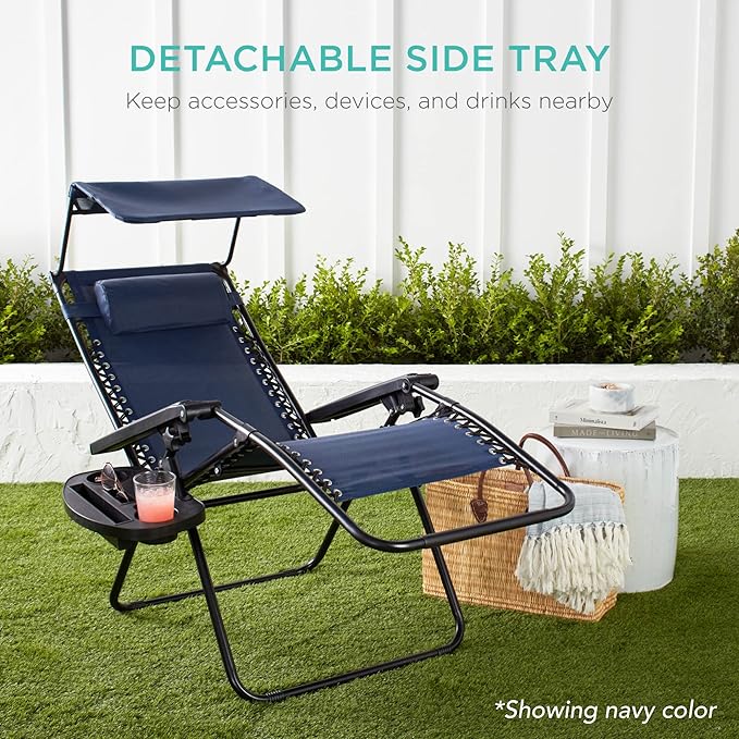 Best Choice Products Folding Zero Gravity Outdoor Recliner Patio Lounge Chair w/Adjustable Canopy Shade, Headrest, Side Accessory Tray, Textilene Mesh - Crimson Red