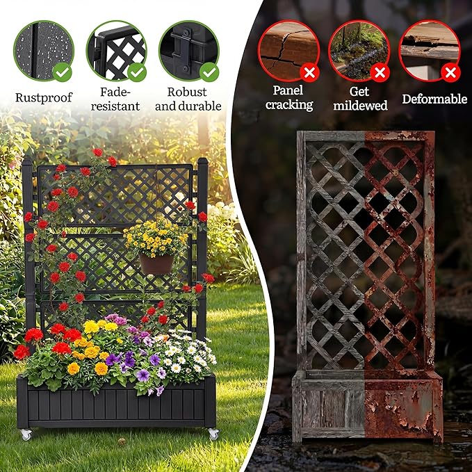 YITAHOME 42.5x14.2x61 in Planter Box with Trellis/Outdoor Privacy Screen, All-Weather Raised Garden Bed with Wheels & Drain Plug for Climbing Plants Flowers Herbs, Black