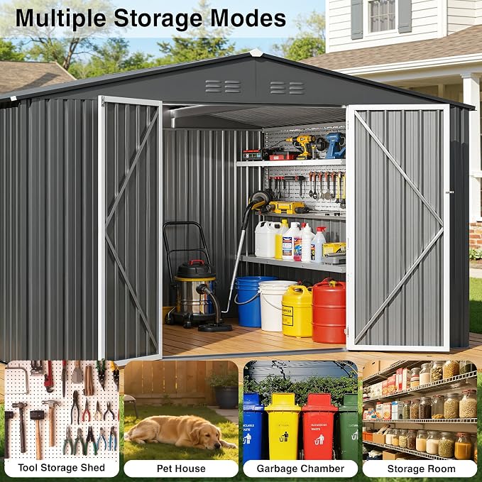 10 x 12FT Sheds & Outdoor Storage, Dark Grey Metal Waterproof Storage Shed with Door and Lock Outdoor Shed,All-Weather Shelter for Bike, Gardening Tools, Lawn Mowers
