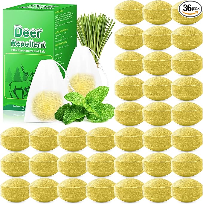 36 Pack Peppermint Deer Repellent, Deer & Rabbit Repellent Ball for Plant Yard Garden Outdoor, Deers Deterrent for Outdoor, Keep Deers and Rabbits Out Natural Ingredients Pet Safe, Yellow
