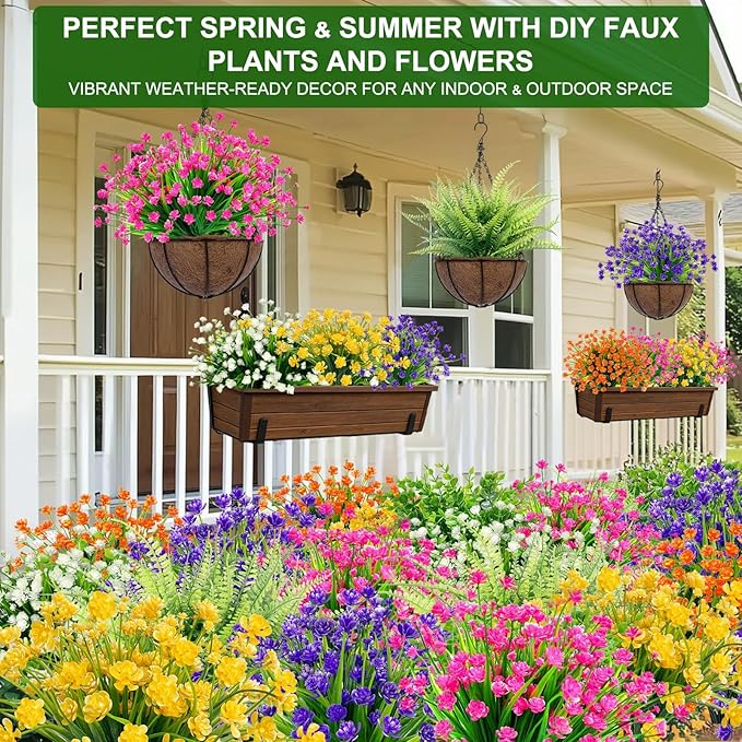 TURNMEON 20 Bundles Artificial Flowers for Outdoors,Spring Grass Camellia Fake Flowers Plastic Plants,UV Resistant No Fade Faux Greenery for Gardens Porch Planter Summer Cemetery Decor 500 Head(White)