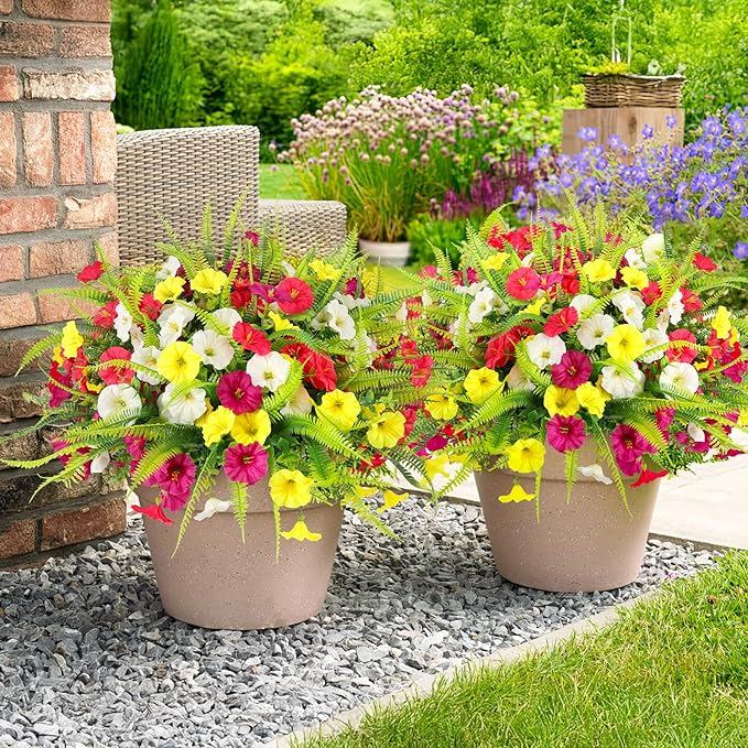 Artificial Flowers for Outdoors 12 Bundles Artificial Petunias Fake Flowers UV Resistant Shrubs Plants with Fern for Indoor Outside Hanging Planters Home Garden Spring Summer Decorations