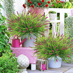 obbsie 36 Bundles Artificial Plants Outdoor, 18.2" UV Resistant Faux Monkey Grass Greenery Stems No Fade Faux Plastic Flowers Shrubs for Home Weddings Garden Porch Front Patio Office Decor - Rose Red