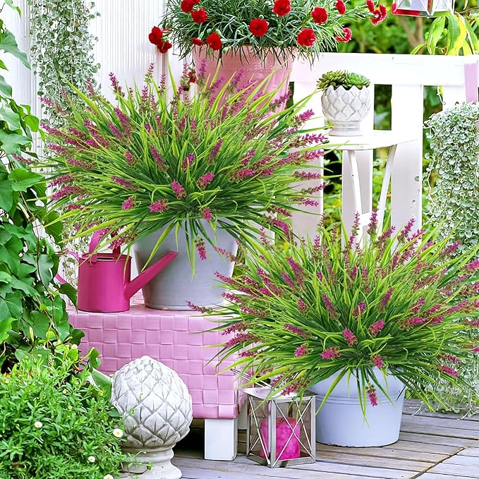 obbsie 36 Bundles Artificial Plants Outdoor, 18.2" UV Resistant Faux Monkey Grass Greenery Stems No Fade Faux Plastic Flowers Shrubs for Home Weddings Garden Porch Front Patio Office Decor - Rose Red