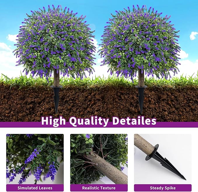 Set of 2 Artificial Lavender Boxwood Topiary Ball Trees with Ground Spike, 27.5" UV Resistant Faux Evergreen Shrubs, Purple Green Fake Bushes for Indoor Outdoor Front Porch Garden Patio Yard Decor