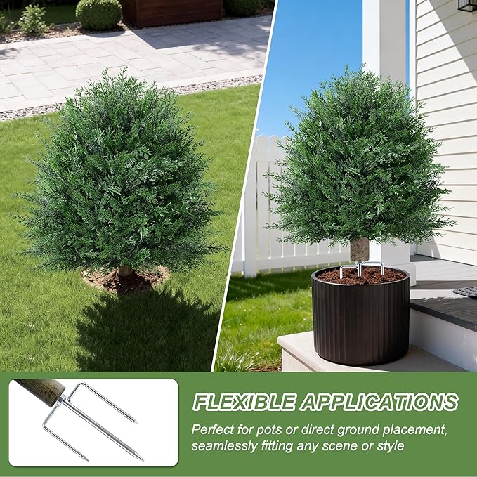 27'' Artificial Topiary Plants for Outdoor 2 Pack Artificial Topiary Trees with Stable Metal Ground Spike Fake Bushes Shrubs for Outside Garden Front Porch Landscape Walkway, White Lotus
