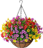 TDHDIKE Artificial Faux Fake Hanging Flowers Plants Basket for Summer Outdoor Outside Decoration UV Resistant Fake Silk Colorful Daisy Eucalyptus for Porch Patio Balcony Yard Garden Home Decor