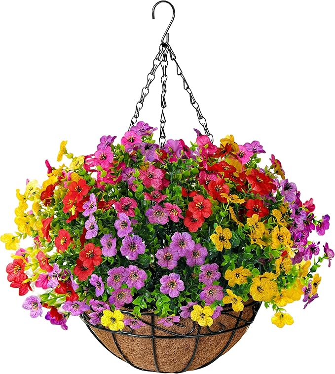 TDHDIKE Artificial Faux Fake Hanging Flowers Plants Basket for Summer Outdoor Outside Decoration UV Resistant Fake Silk Colorful Daisy Eucalyptus for Porch Patio Balcony Yard Garden Home Decor