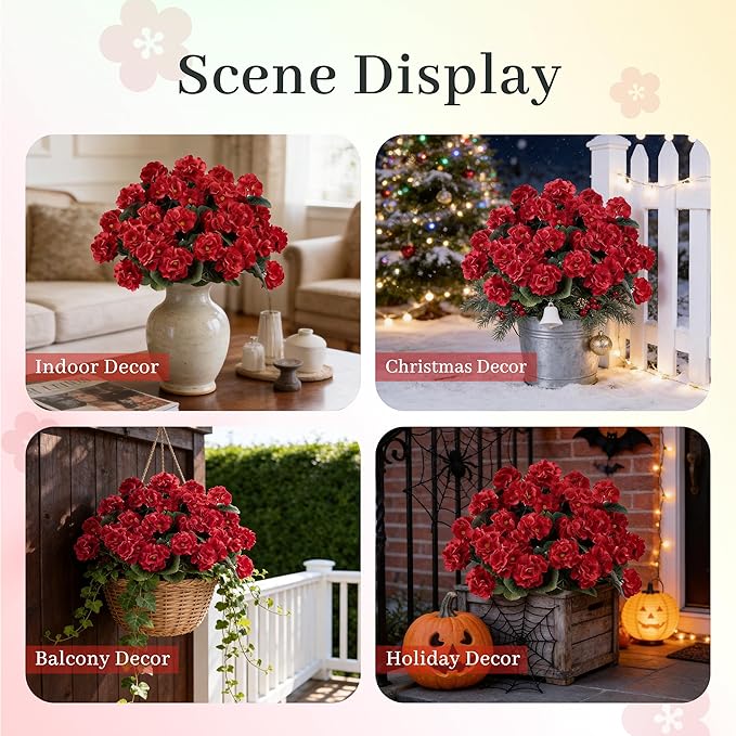 Der Rose 12 Pack Red Artificial Geraniums Flowers for Outdoors UV Resistant Faux Flowers for Outdoor Planters Window Boxes Patio Cemetery Porch Decor