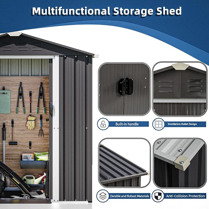 JYQAQA 6x4 FT Outdoor Storage Shed,Waterproof Metal Garden Sheds with Lockable Double Door,Weather Resistant Steel Tool Storage House Shed for Garden,Patio,Lawn, Gray