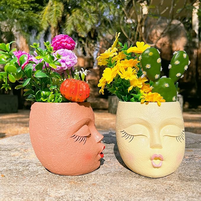 Handcrafted Head Planter Kiss Face Planter Pot Cute Flower Pot Resin Head Face Plant Pots for Succulent with Drainage Pale Yellow 1Pack