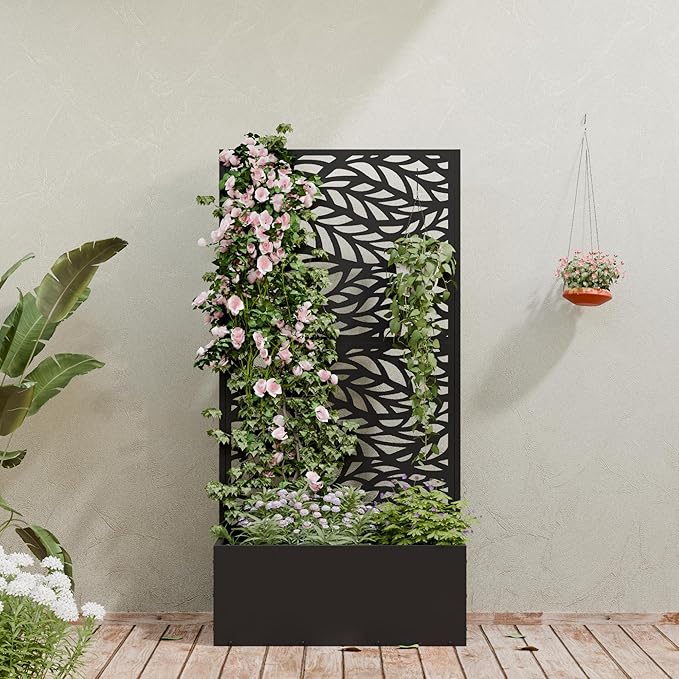 Casaphoria Metal Raised Garden Bed with Trellis, 59"x30"x12" Planter Box for Climbing Plants, Vegetables & Vines, Features Drainage Holes and Privacy Screen (Black-Spring)