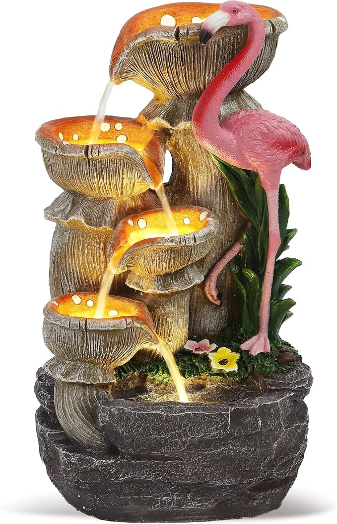 Grepatio Outdoor Water Fountain, 5 Tier Garden Waterfalls with 5 LED Lights, Modern Indoor/Outdoor Floor Standing Water Fountain with Pump for Garden, Patio, House Decor