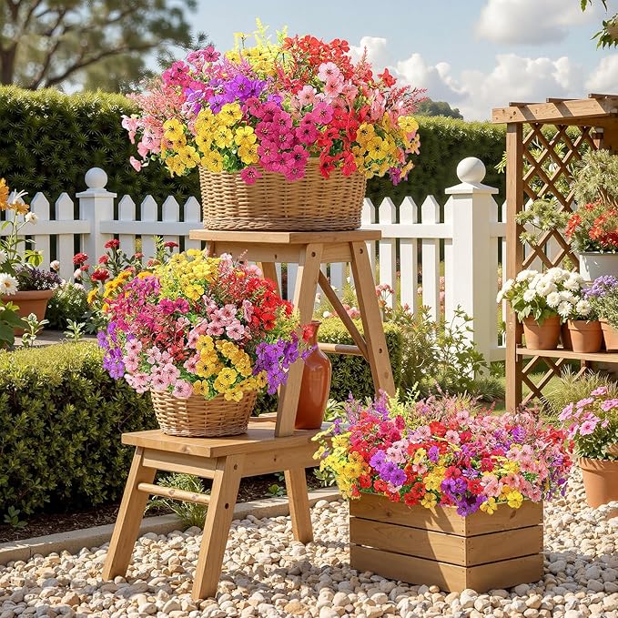 SHareconn 24 Bundles Artificial Flowers for Outdoors Decoration, Faux Plants Fake Silk Colorful Daisy Eucalyptus Lavender, UV Resistant for Outside Home Porch Patio Indoor Spring Decor, Mix 5 Colors
