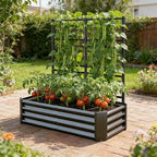 Galvanized Raised Garden Bed with Trellis for Climbing Plants Outdoor,Metal Vertical Garden Planter Box for Patio,Heavy Duty Elevated Garden Bed for Vegetables Tomatoes Cucumbers Flowers Herbs,Black