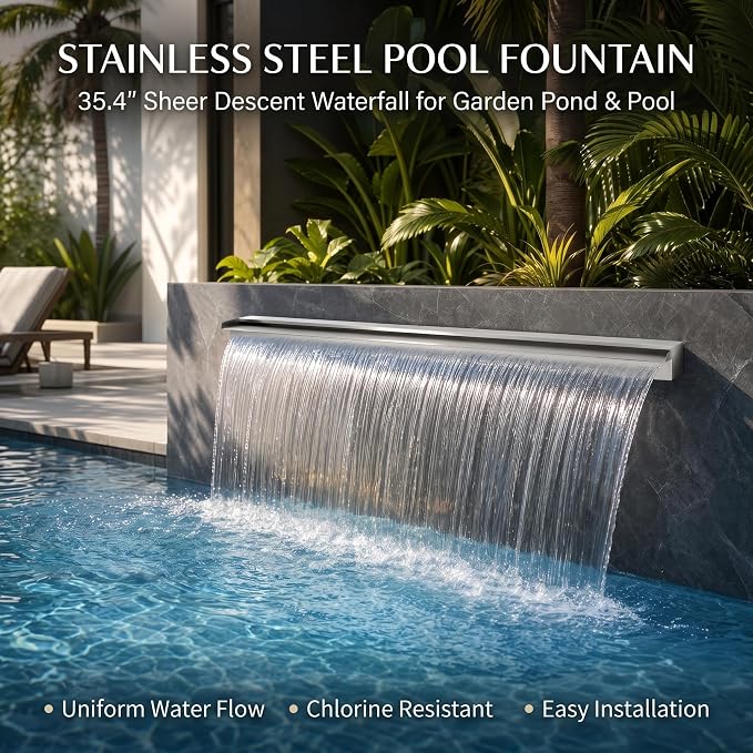 Stainless Steel Pool Fountain Waterfall Sheer Descent, 35.4 Inches Spillway for Swimming Pool, Outdoor Garden Pond, Patio & Backyard Water Feature Decoration(35.4")